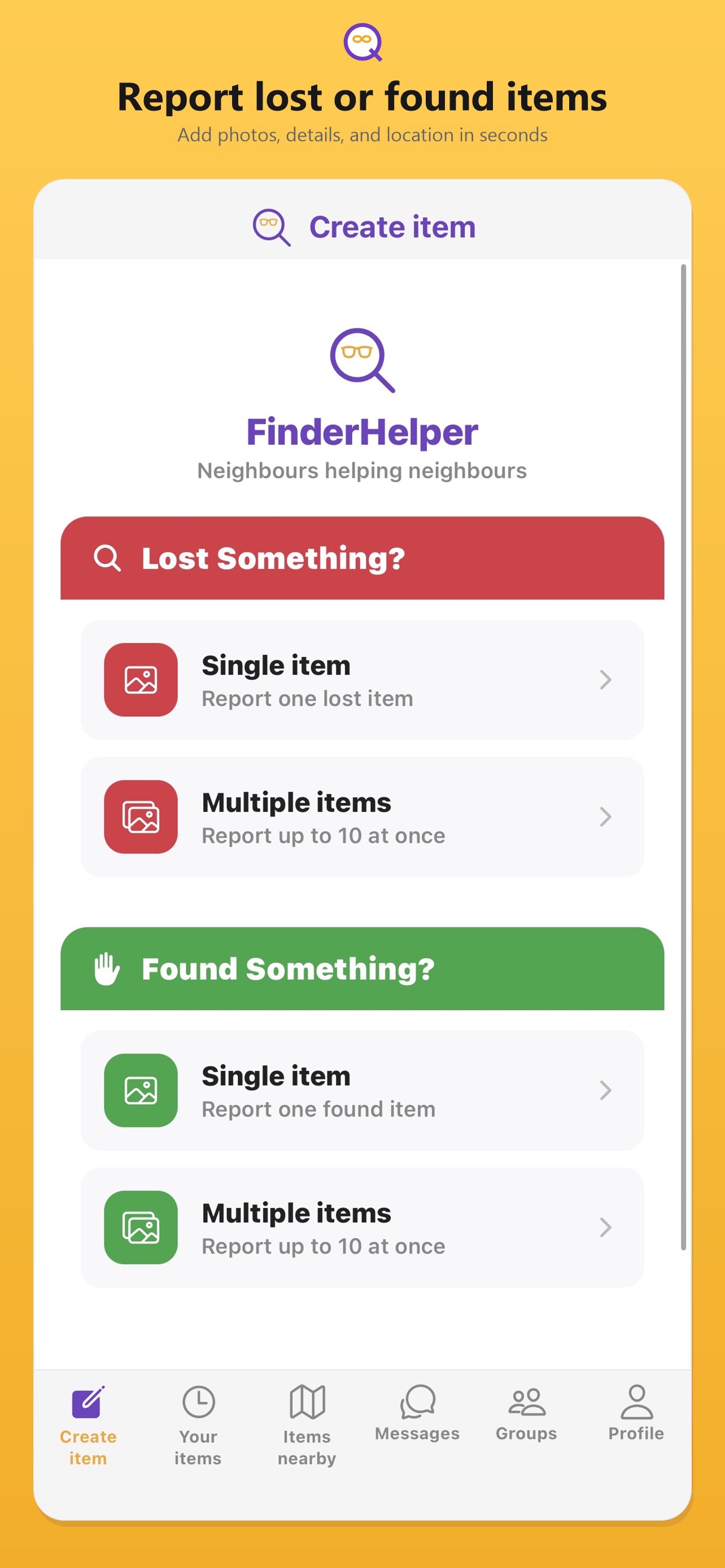 FinderHelper Create Item screen with options to report lost or found items
