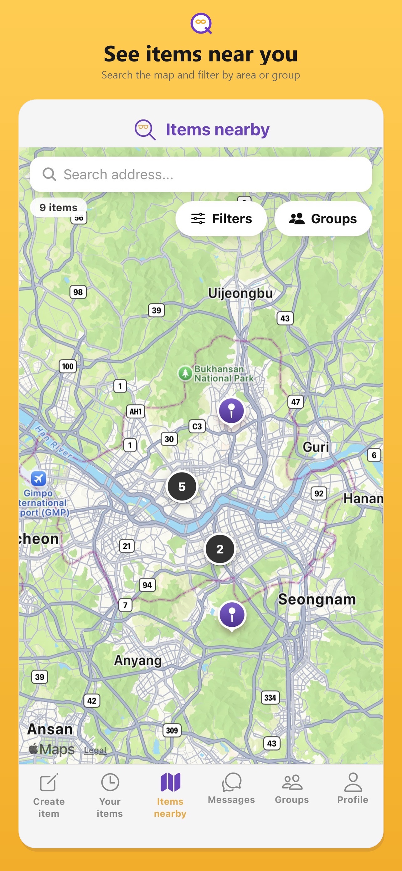 FinderHelper preview showing nearby items on the map