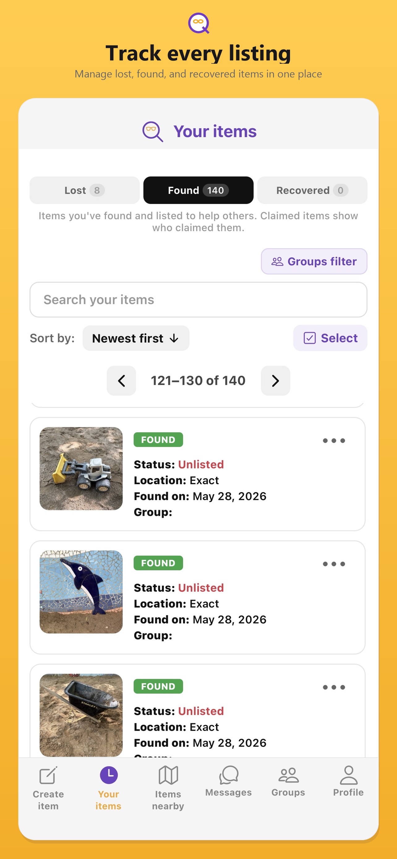 FinderHelper preview showing lost, found, and recovered item listings